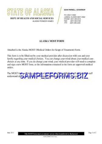 Alaska Medical Orders For Scope of Treatment (MOST) Form pdf free