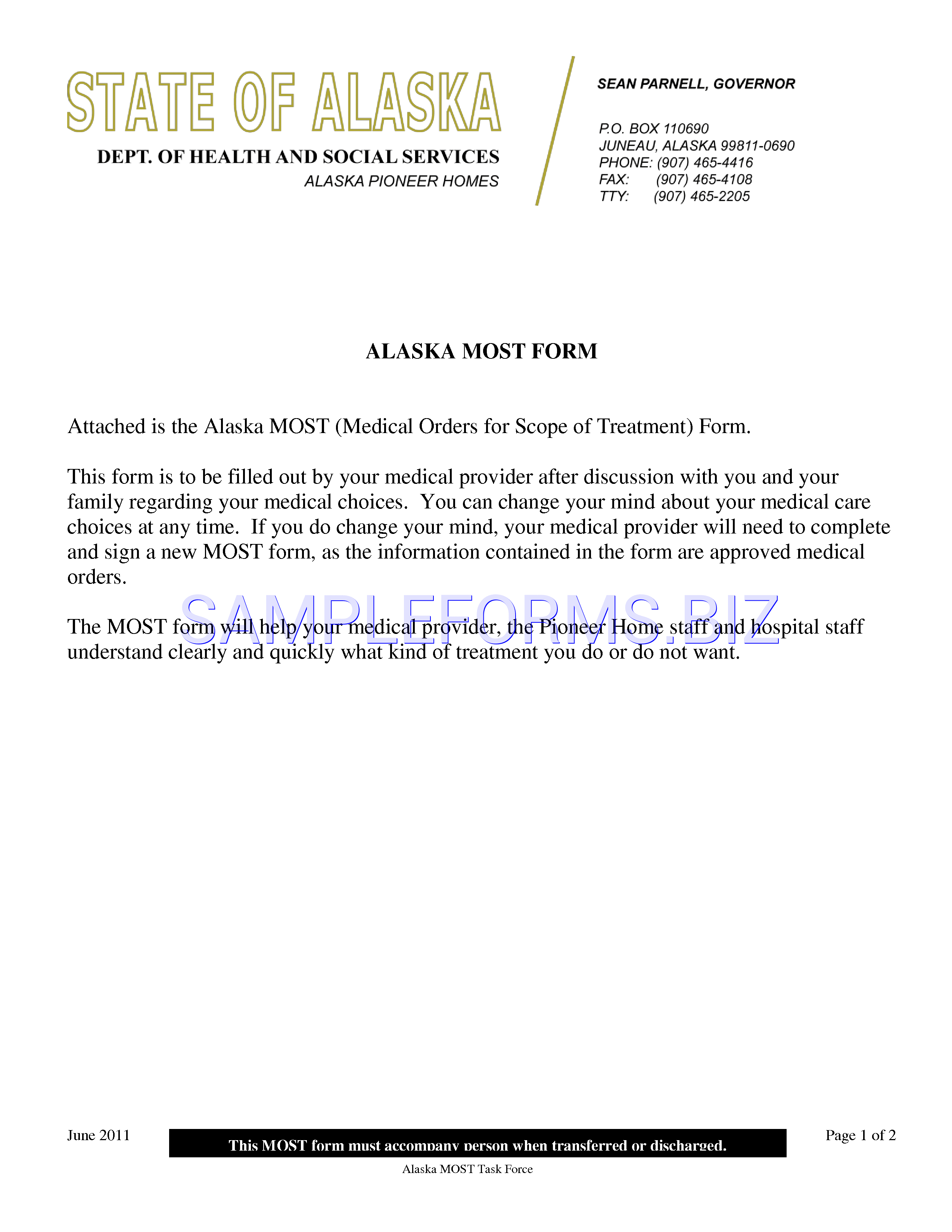 Preview free downloadable Alaska Medical Orders For Scope of Treatment (MOST) Form in PDF (page 1)